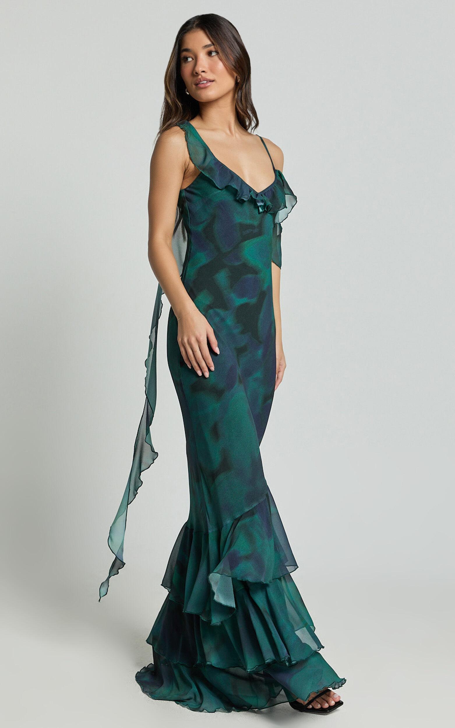 Riley Maxi Dress - Asymmetric Ruffle Detail Maxi Dress in Moss Adeana Product Image