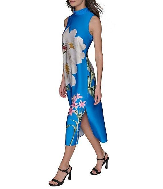 KARL LAGERFELD PARIS Satin Placement Floral Print Mock Neck Sleeveless Shift Midi Dress Product Image