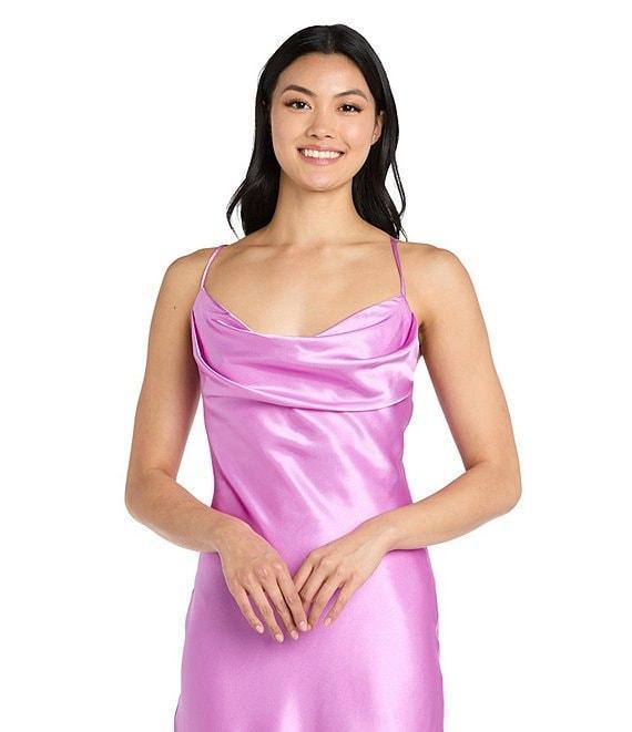 Morgan & Co. Sleeveless Long Spaghetti Strap Charmeuse Draped Front And X Back Long Dress Product Image