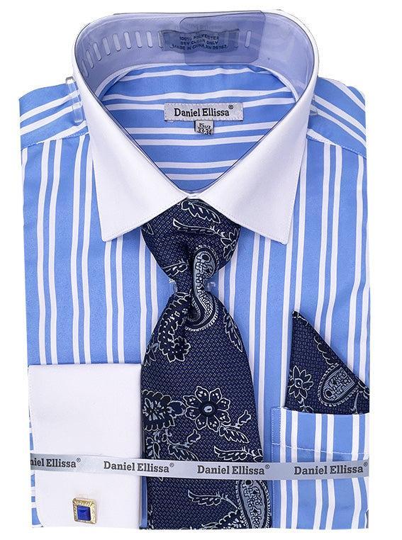 Blue Striped French Cuff Dress Shirt Set with Tie and Pocket Square Product Image