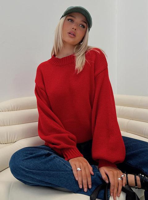 Harmony Balloon Sleeve Knit Sweater Red Product Image