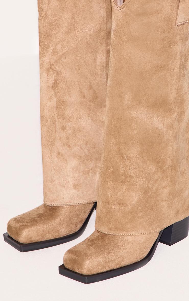 Stone Faux Suede Square Toe Fold Over Knee High Block Heel Western Boots Product Image