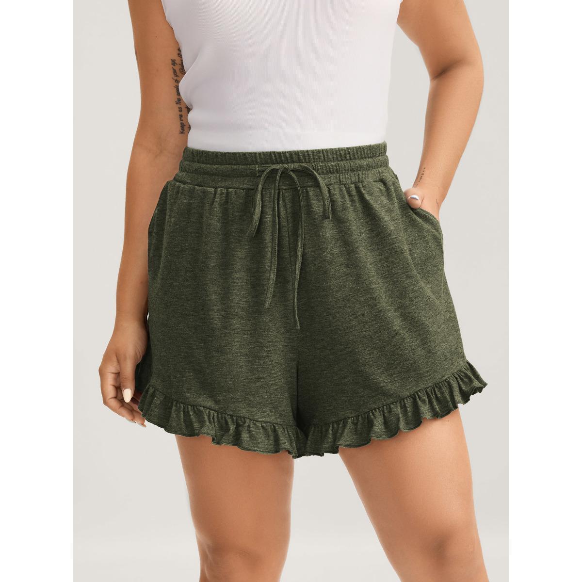 Plus Size Supersoft Mixed Color Knit Drawstring Ruffled Shorts Women DimGray Leisure Drawstring Wide Leg Casual Shorts BloomChic 30/6X Product Image