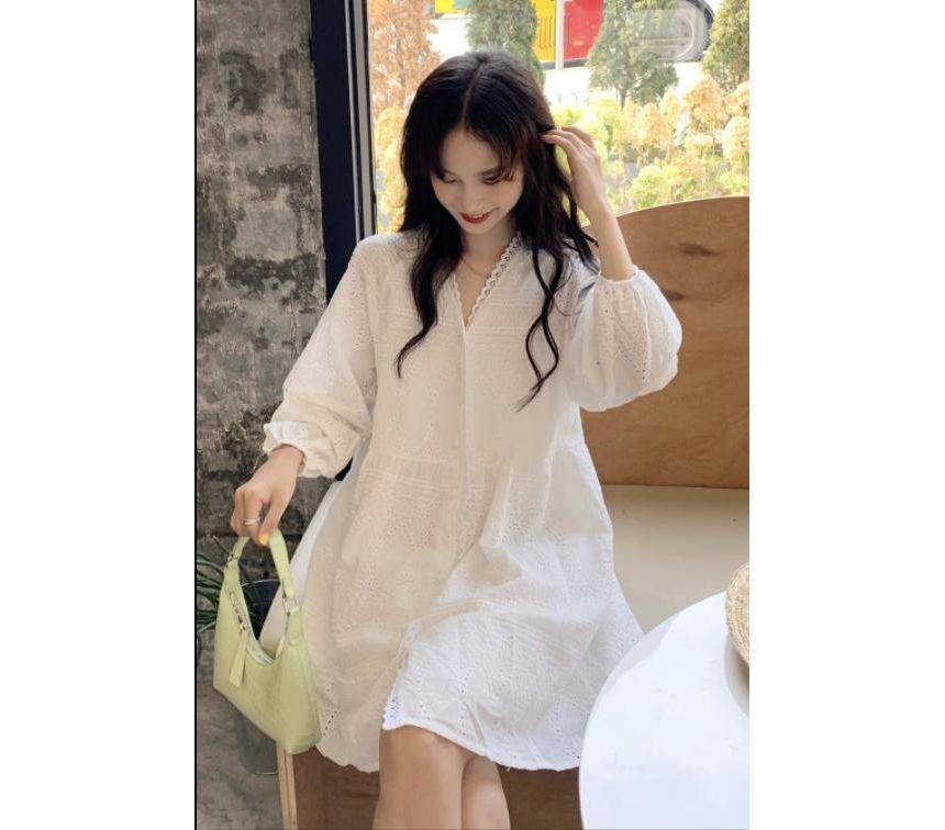 Elbow-Sleeve V-Neck Plain Eyelet Lace Button-Up Oversized Mini Dress Product Image