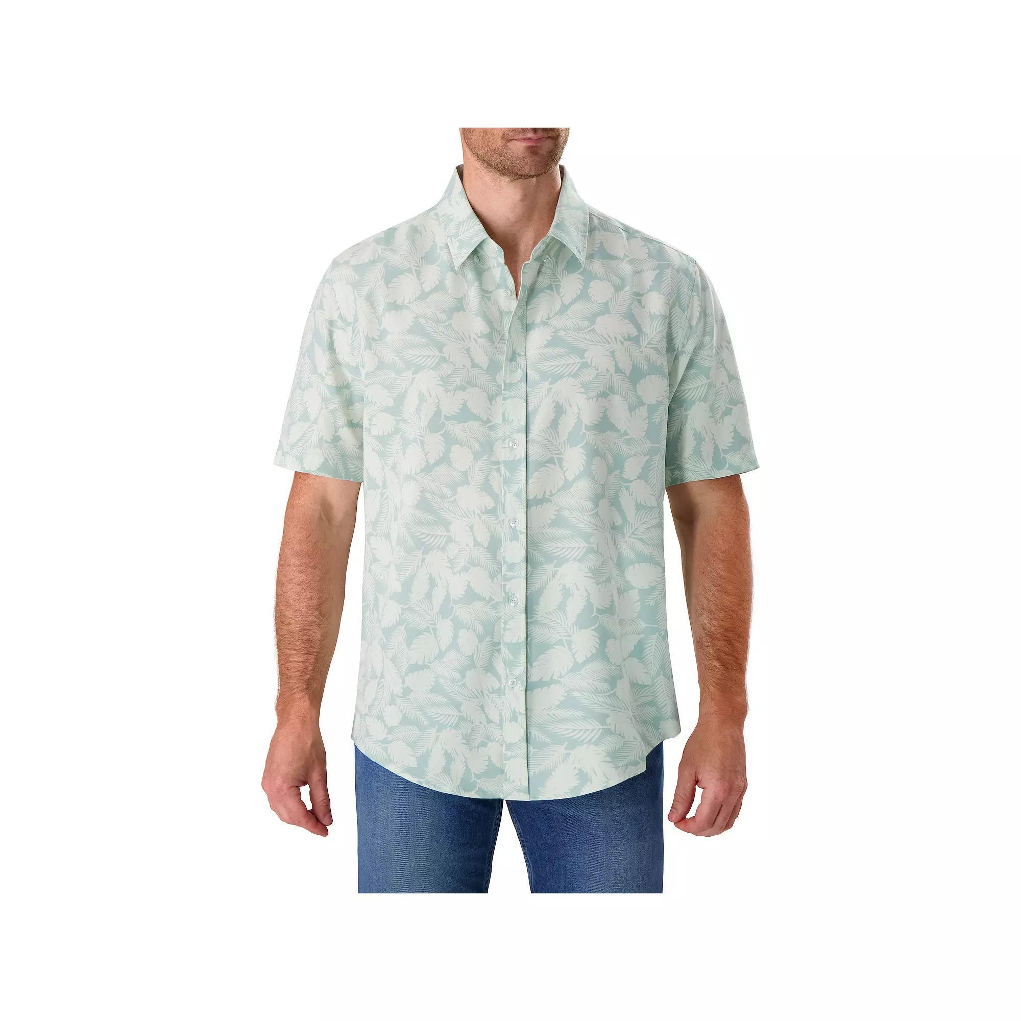 Men's Report Collection Short Sleeve Stretch Tropical Print Woven Button-Down Shirt, Size: Small, Green Product Image