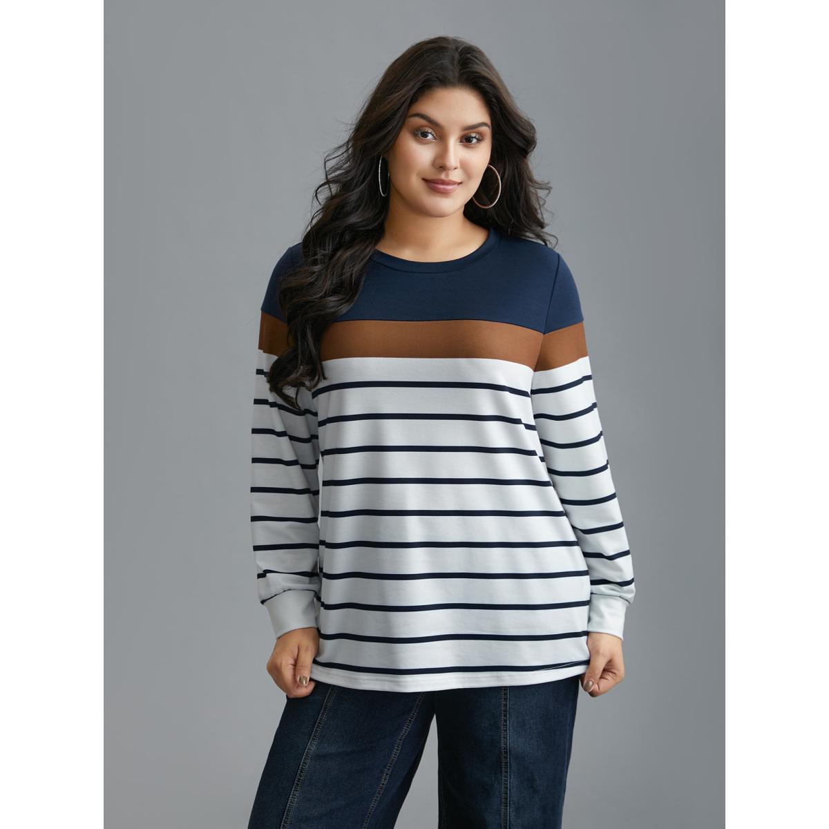 Plus Size Striped Contrast Round Neck Sweatshirt Women Midnight Casual Contrast Loose Round Neck Everyday Sweatshirts BloomChic 10/M Product Image