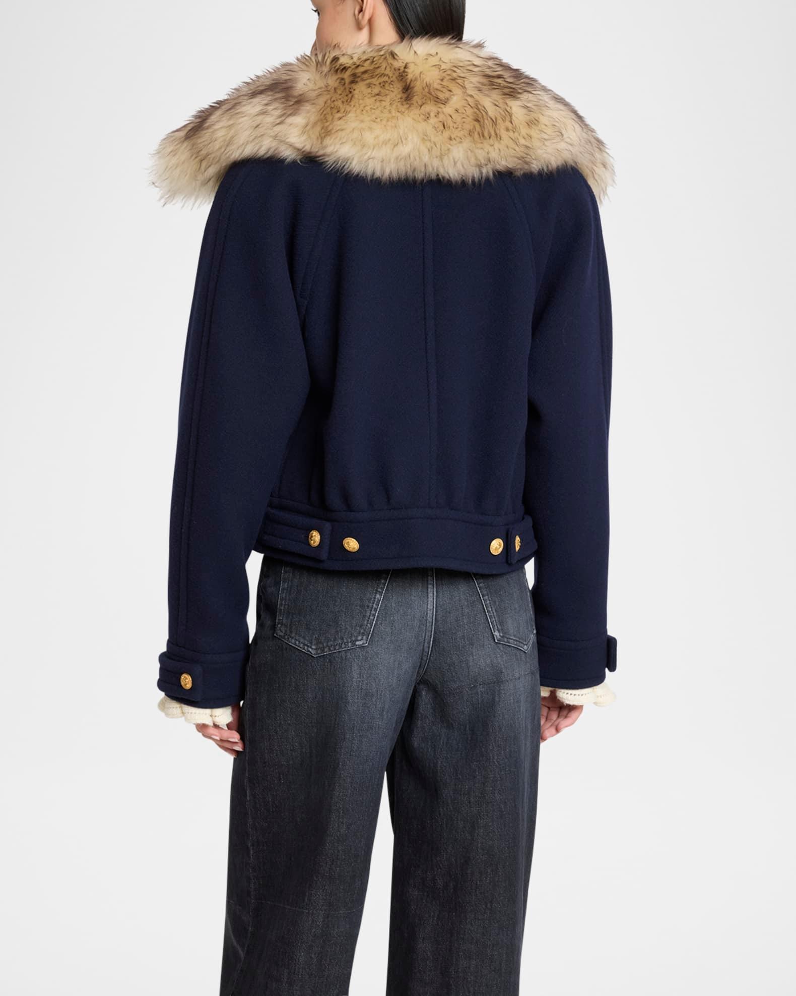 Faux-Fur Collar Double-Breasted Wool Bomber Jacket Product Image