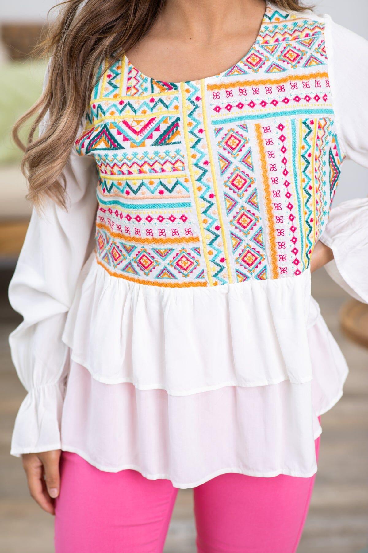 Off White Multicolor Embroidered Babydoll Top Product Image