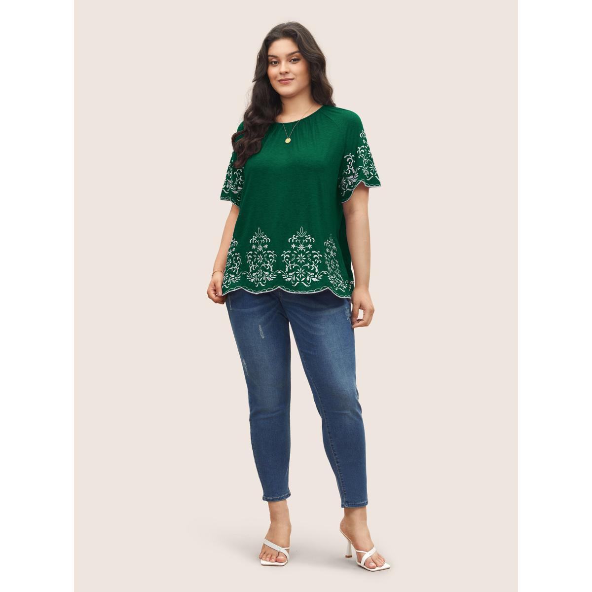 Plus Size Embroidered Scalloped Trim Gathered T-shirt DarkGreen Women Elegant Embroidered Round Neck Everyday T-shirts BloomChic 28/5X Product Image