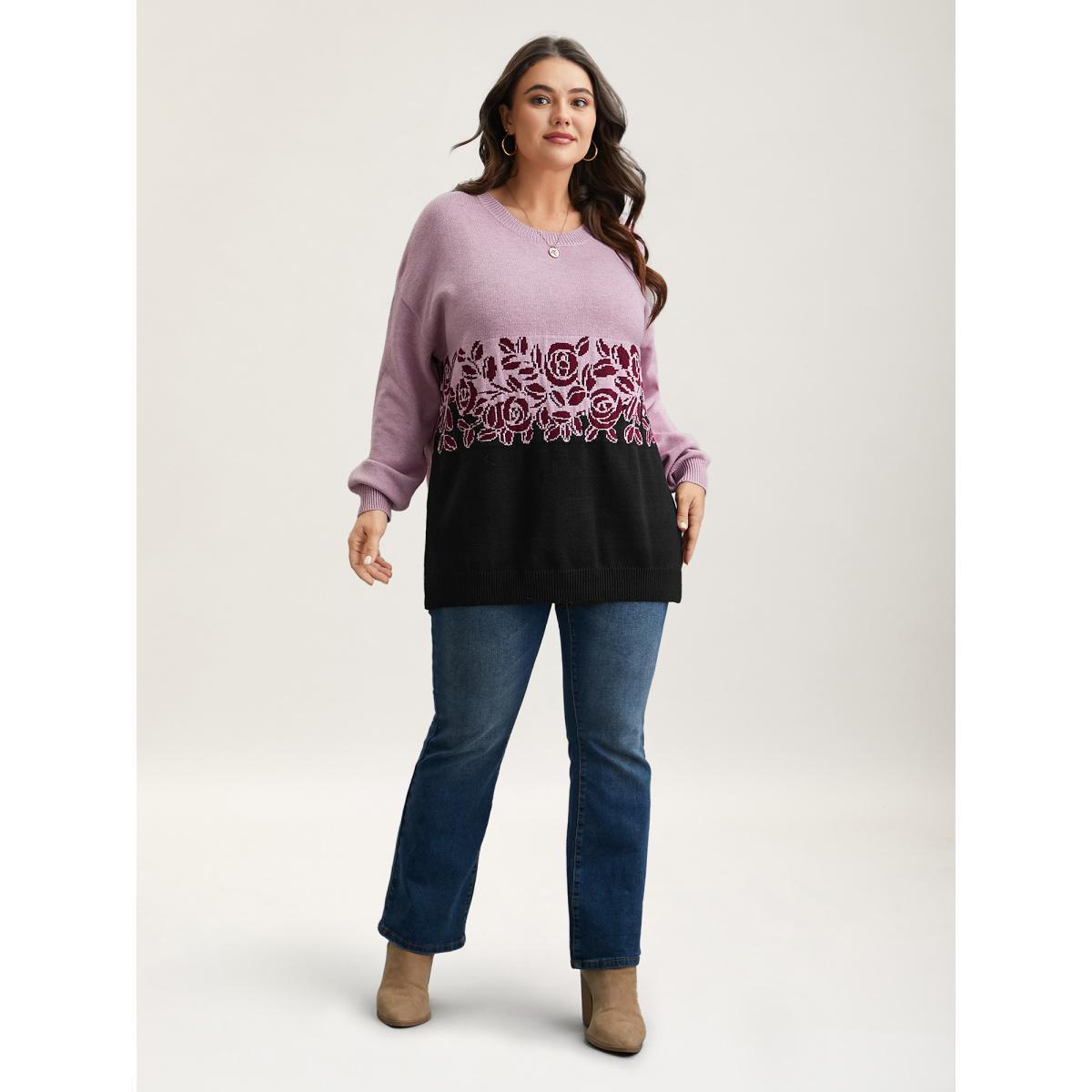 Plus Size Jacquard Floral Pattern Contrast Drop-Shoulder Pullover Black Women Casual Loose Long Sleeve Round Neck Everyday Pullovers BloomChic 18-20/2X Product Image