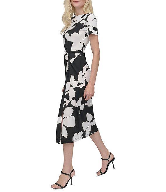 DKNY by Donna Karan Matte Jersey Floral Print Boat Neck Short Sleeve Twist Front Sheath Midi Dress Product Image