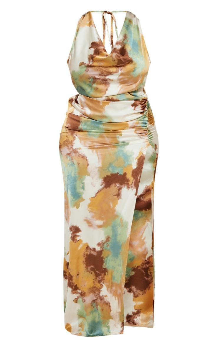 Plus Brown Printed Satin Cowl Neck Maxi Dress Product Image