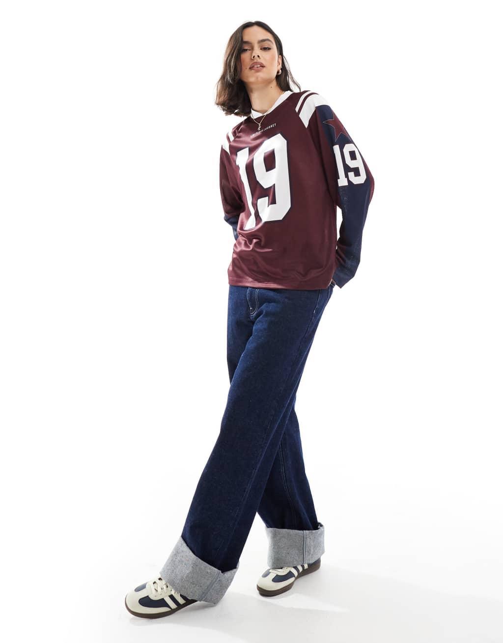 Pull&Bear football jersey long sleeve tee in burgundy Product Image