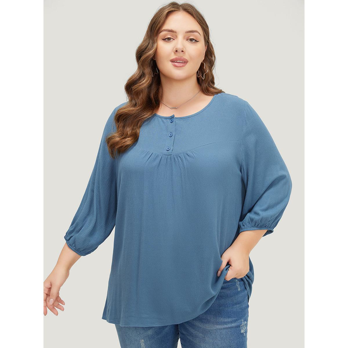 Plus Size Stone Plain Button Up Gathered Lantern Sleeve Blouse Women Elegant Elbow-length sleeve Round Neck Dailywear Blouses BloomChic 14-16/1X Product Image