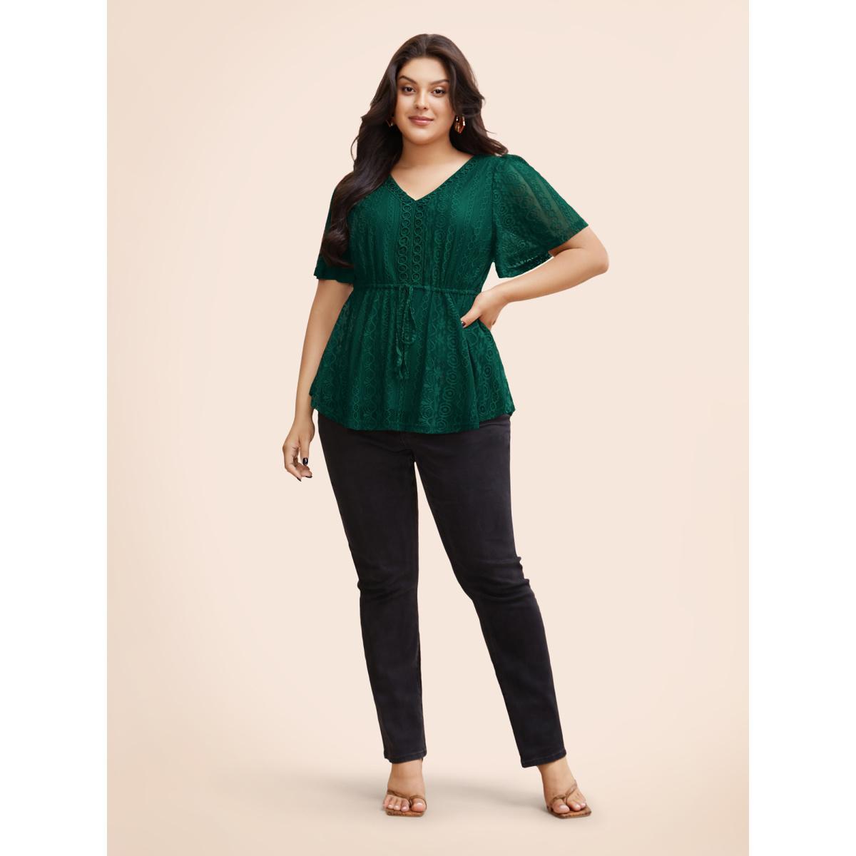 Plus Size DarkGreen V Neck Lace Panel Drawstring Blouse Women Romantic Short sleeve V-neck Elegant Blouses BloomChic 26/4X Product Image