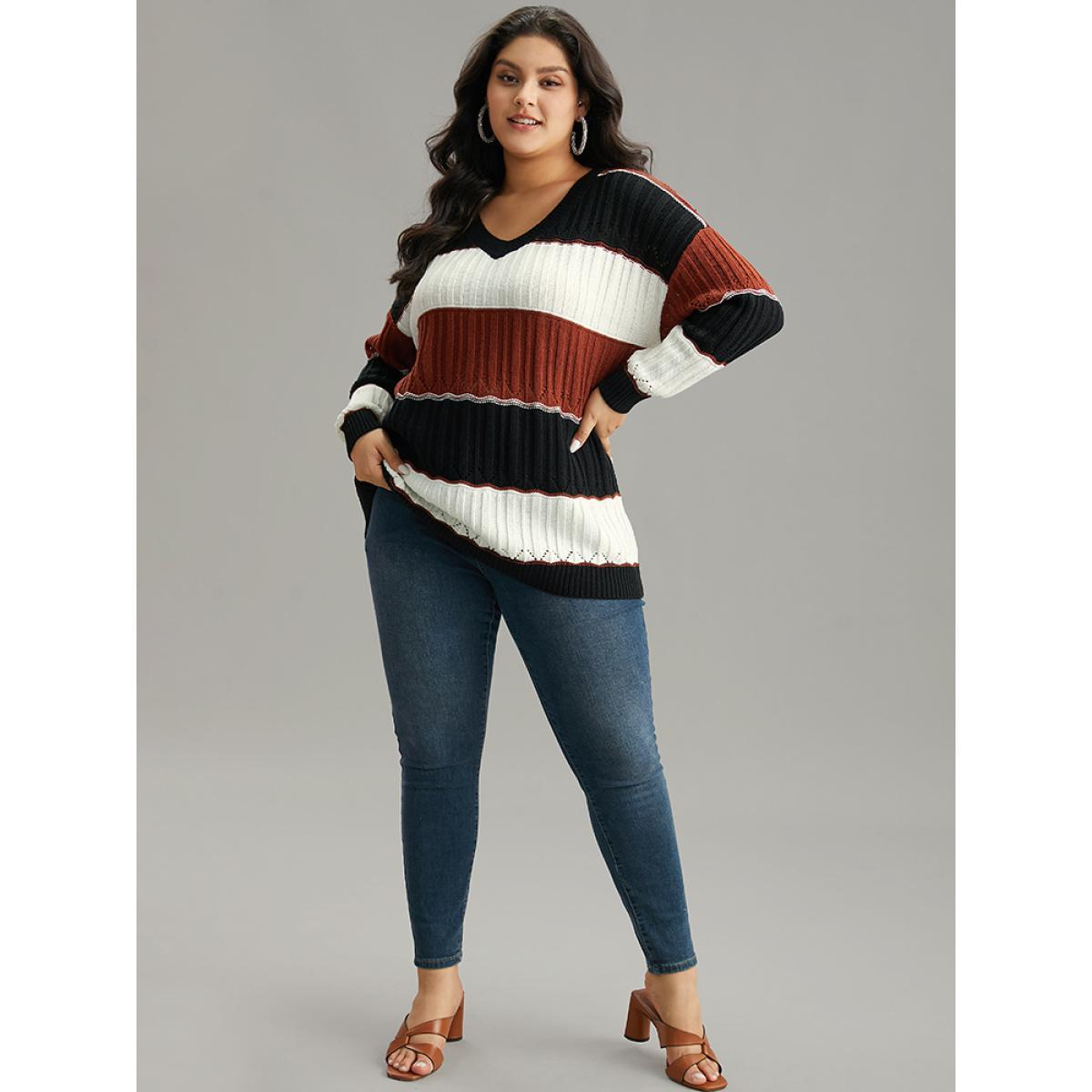 Plus Size Colorblock Contrast Hollow Out Drop Shoulder Pullover Multicolor Women Casual Loose Long Sleeve V-neck Dailywear Pullovers BloomChic 26/4X Product Image