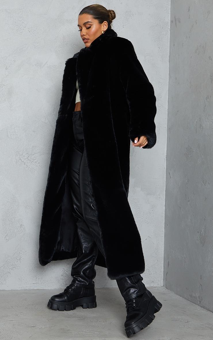 Black Faux Fur Plush Military Maxi Coat Product Image