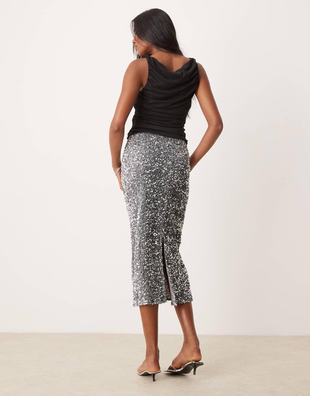 Vila sequin & velour maxi skirt in silver gray Product Image