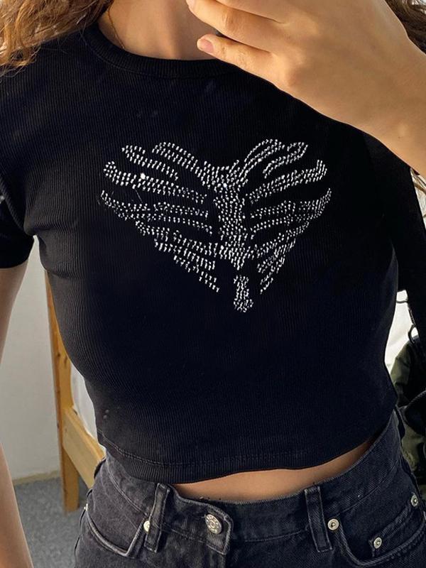 Heart Rhinestone Print Cropped Short Sleeve Tee Product Image