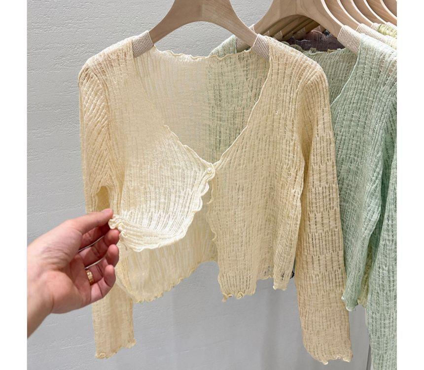 V-Neck Lettuce Edge Plain Cropped Cardigan Product Image