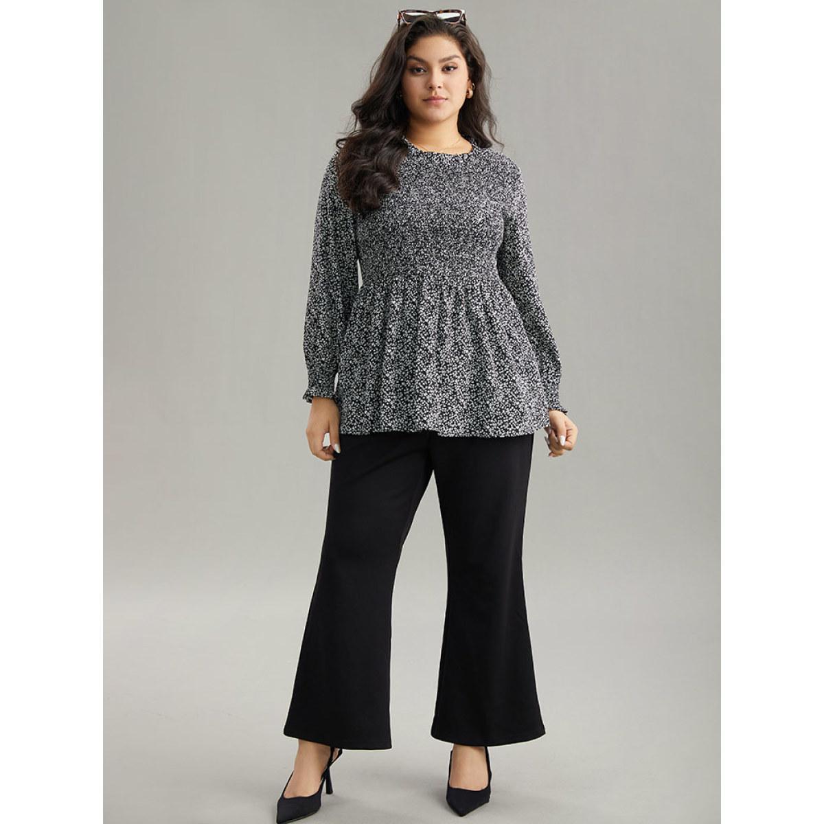 Plus Size Black Ditsy Floral Stand Collar Shirred Frill Trim Blouse Women Elegant Long Sleeve Stand-up collar Dailywear Blouses BloomChic 10/M Product Image