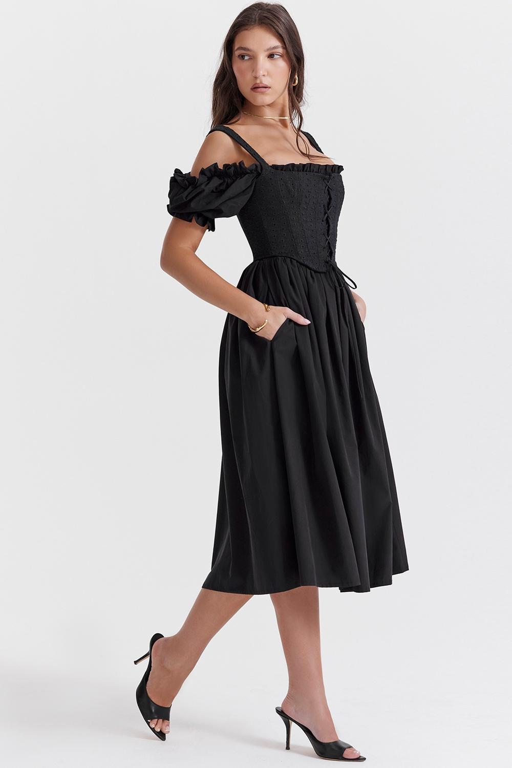 Silvana Black Puff Sleeve Midi Sundress Product Image