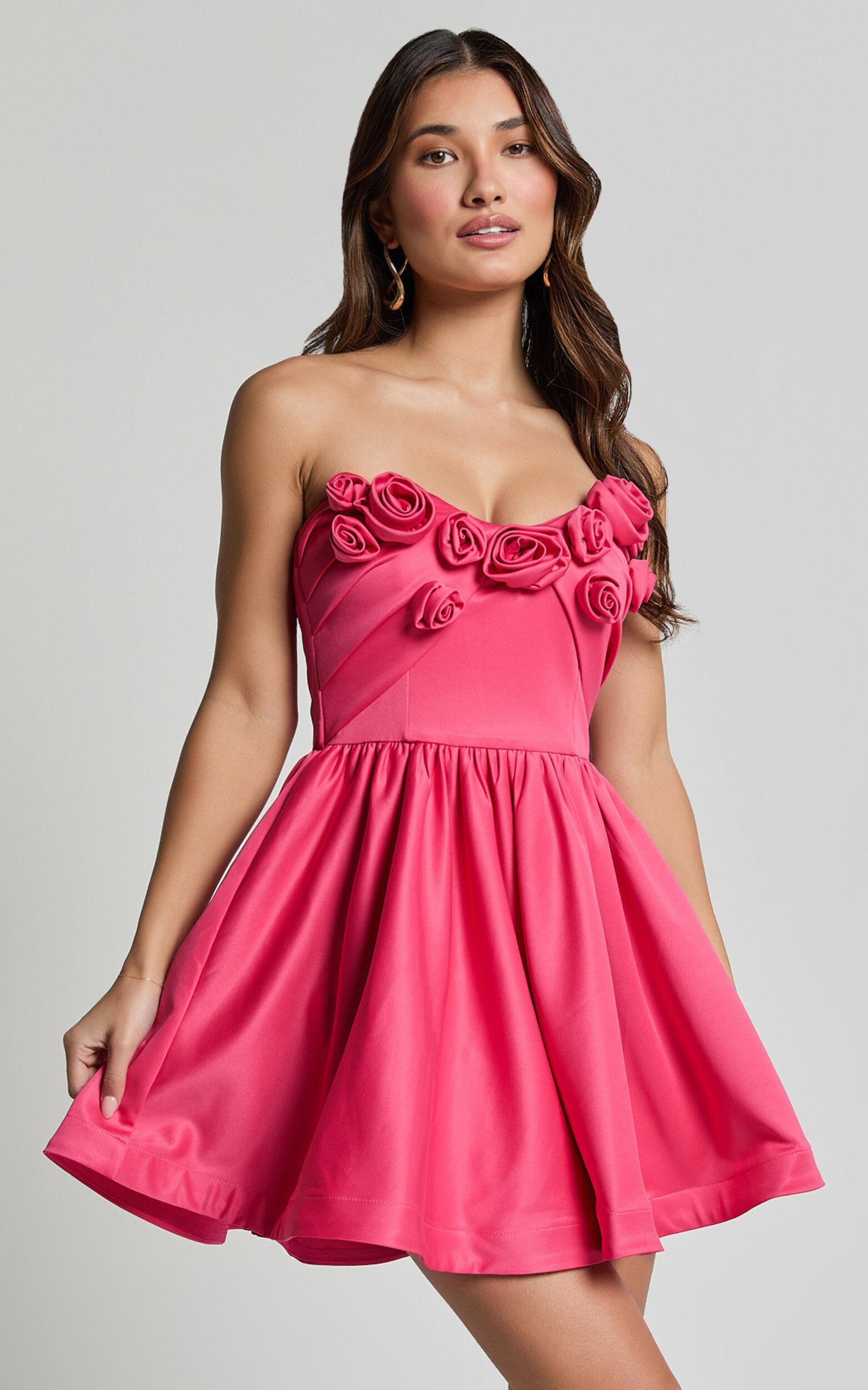 Angeletta Mini Dress - Sweetheart Rosette Detail Fit & Flare in Pink Product Image