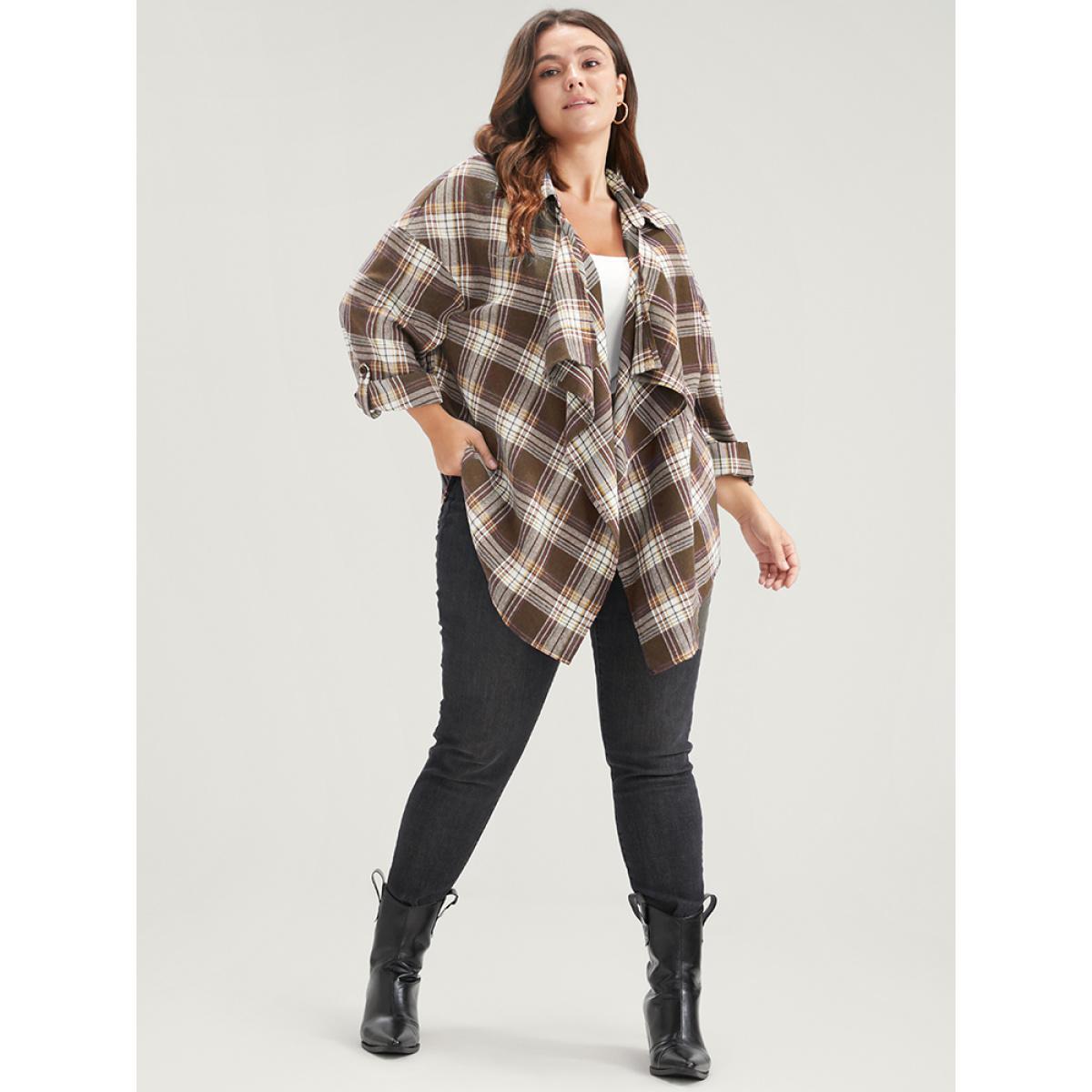 Plus Size Plaid Cuffed Sleeve Asymmetrical Waterfall Collar Coat Women DarkBrown Elegant Asymmetrical Ladies Dailywear Winter Coats BloomChic 12/L Product Image