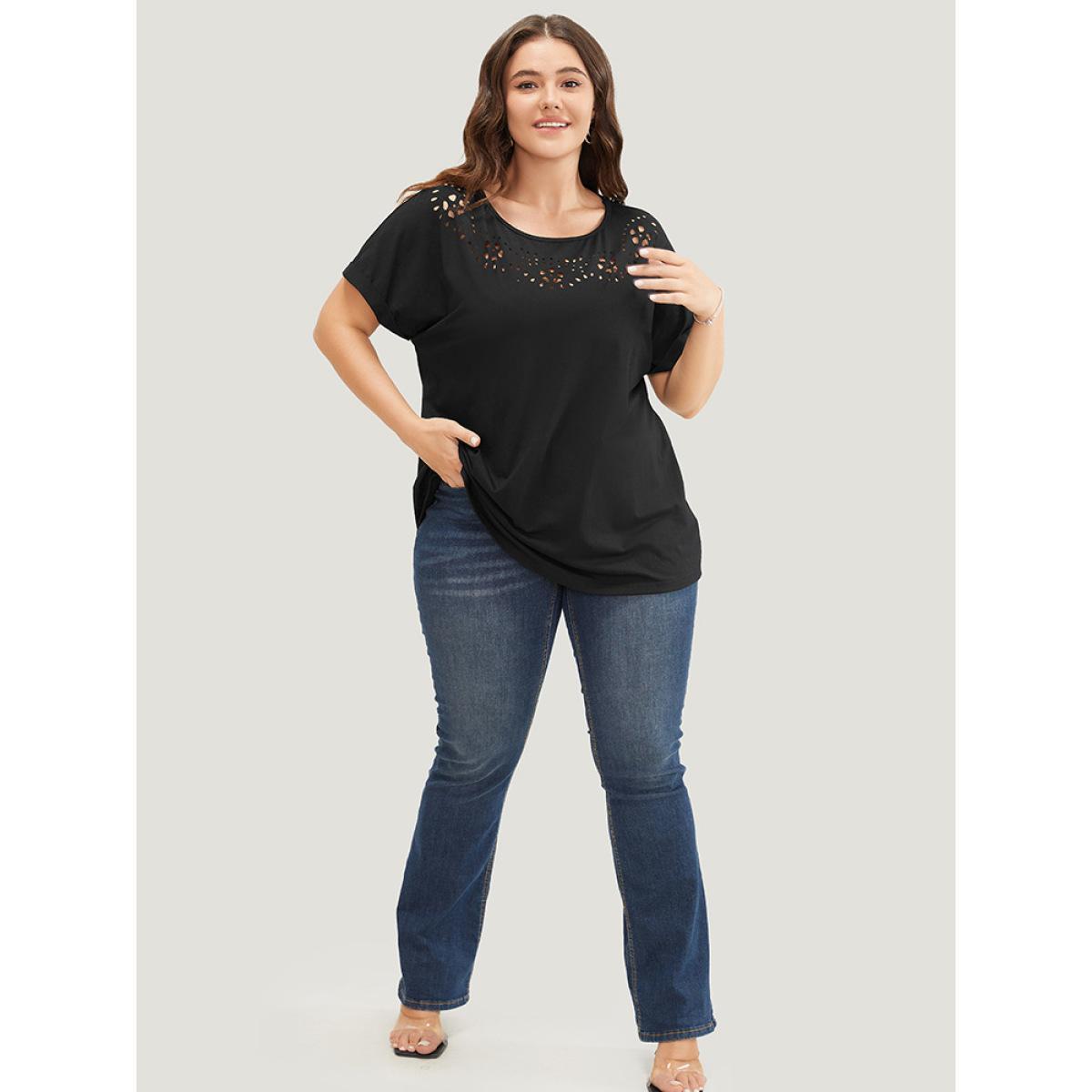 Plus Size Solid Roll Batwing Sleeve Laser Cut T-shirt Black Women Elegant Plain Round Neck Dailywear T-shirts BloomChic 12/L Product Image