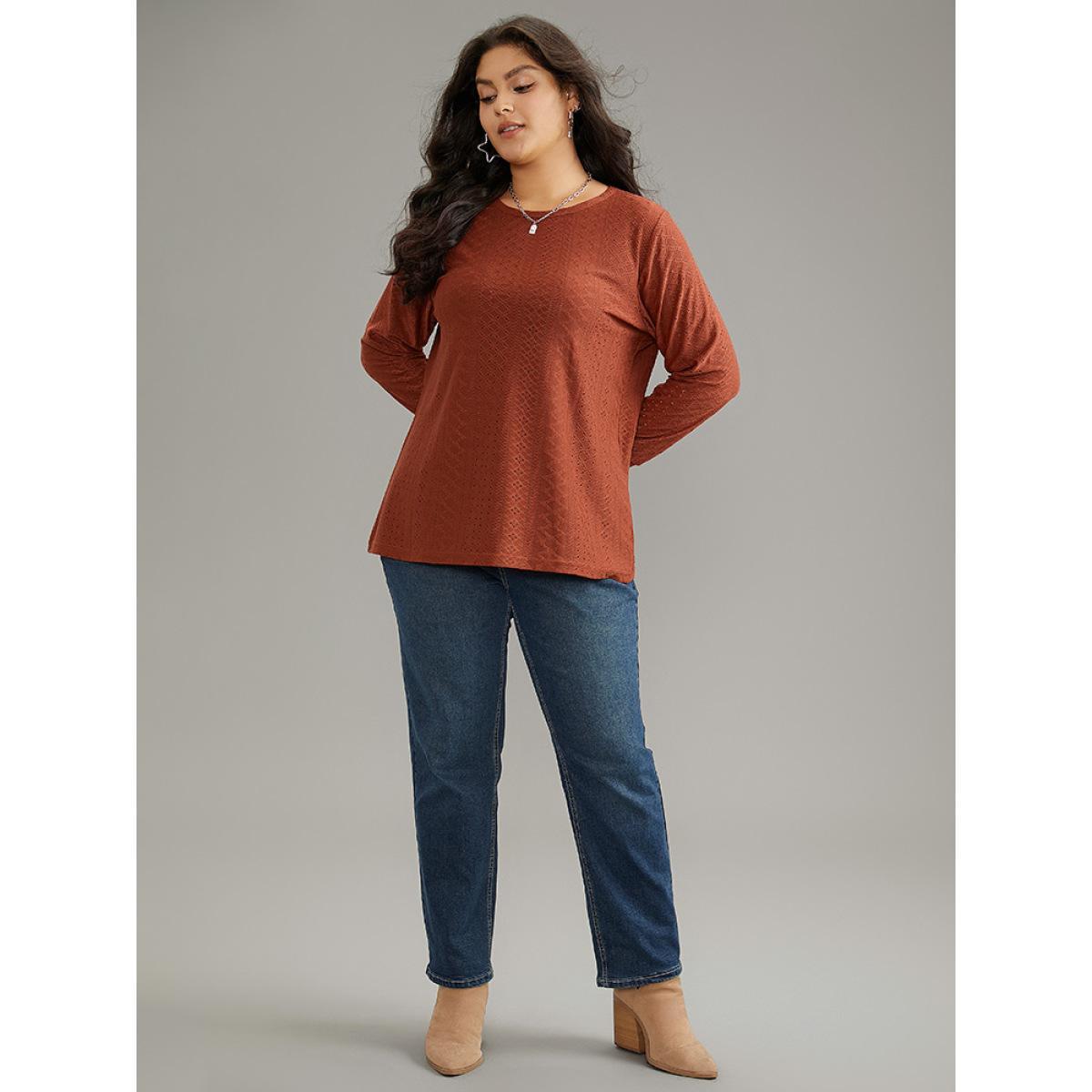 Plus Size Solid Crew Neck Broderie Anglaise T-shirt OrangeRed Women Casual Texture Plain Round Neck Dailywear T-shirts BloomChic 14-16/1X Product Image