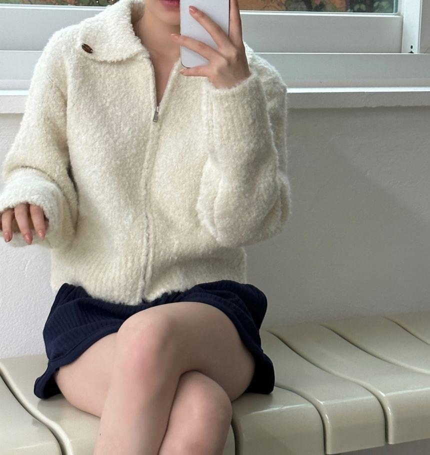 Collared Plain Fluffy Zip Up Crop Cardigan Product Image