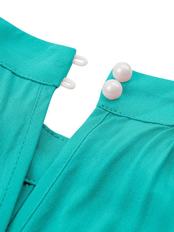 High Waisted Loose Pleated Solid Color Split-Front Tied Waist Halter-Neck Jumpsuits Product Image