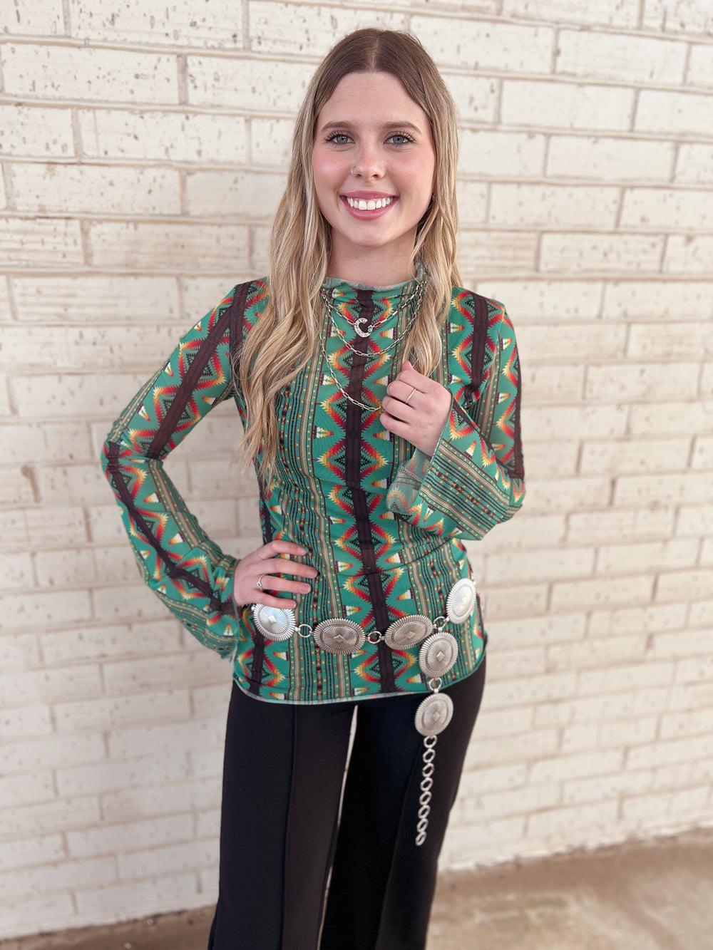 Green Southwestern Aztec Bell Sleeve Mesh Top Product Image