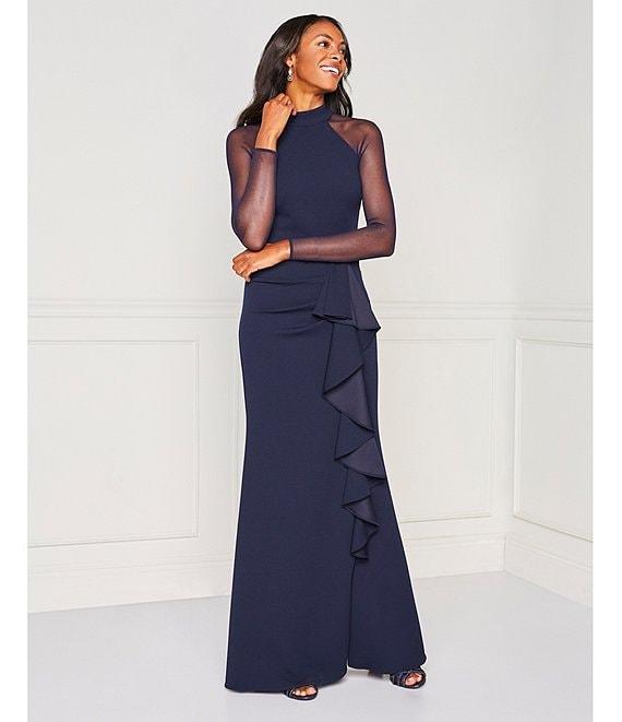 Betsy & Adam Mock Neck Illusion Long Sleeve Ruffled Scuba Crepe Mesh Gown Product Image