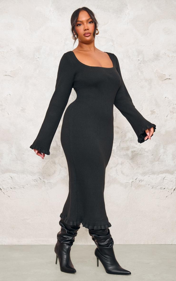 Plus Black Rib Knit Piquet Hem Midi Dress Product Image