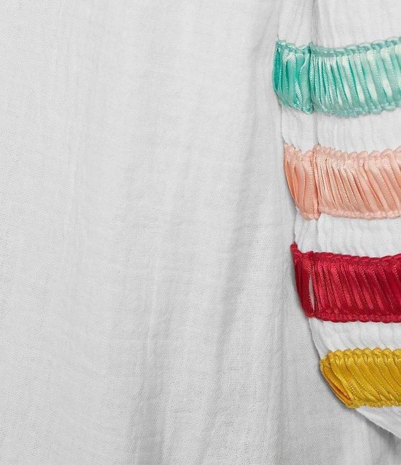 Tru Luxe Jeans Ribbon Trimmed Self-Lace Split Neck 3/4 Sleeve Top Product Image