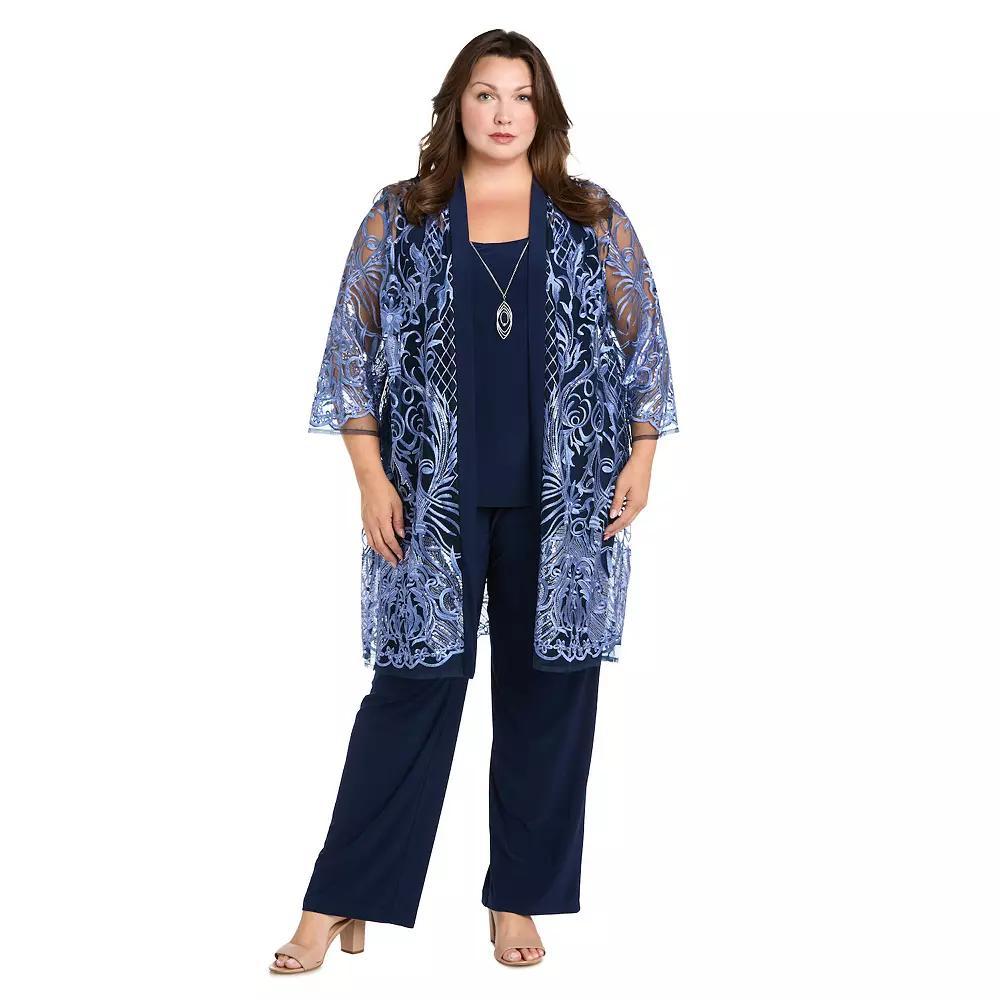 Plus Size R&M Richards 4-pc. Embroidered Sequin Duster Jacket, Tank Top & Jersey Pants Set with Necklace, Women's, Size: 16 W, Purple Product Image