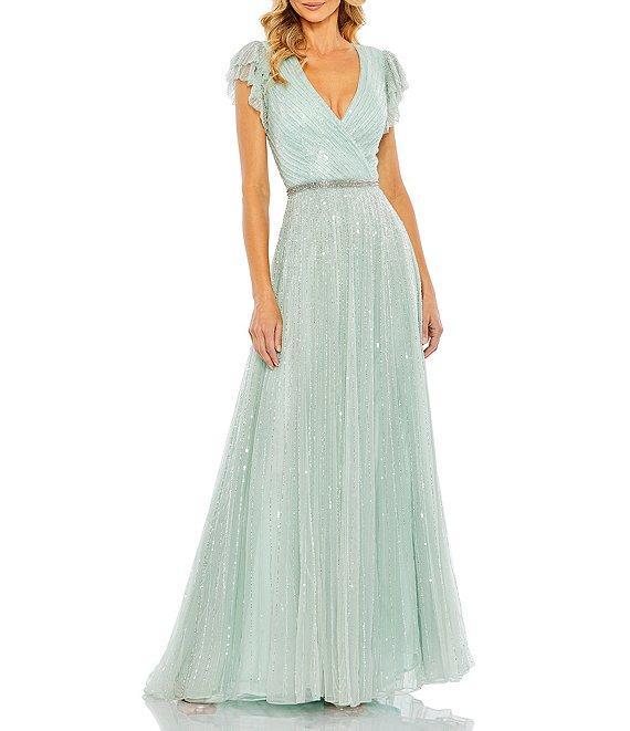 Mac Duggal Sequin Wrap Over Surplice V-Neck Ruffle Cap Sleeve Gown Product Image