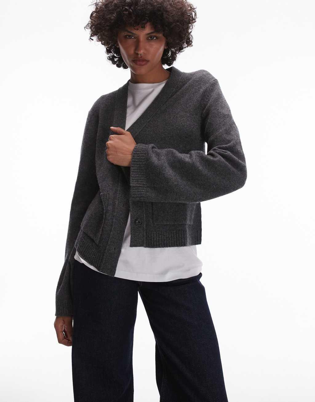 ARKET textured yarn wool cardigan with v-neck and front pockets in dark gray Product Image