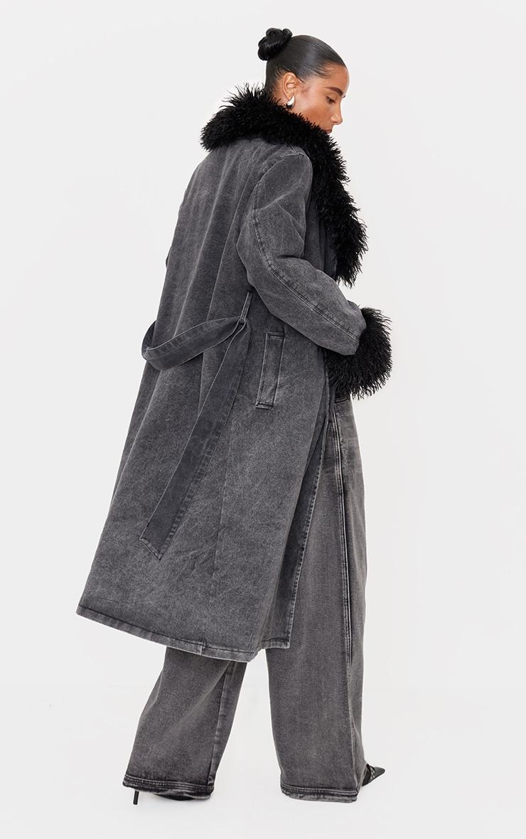 Washed Grey Faux Fur Trim Belted Trench Coat Product Image