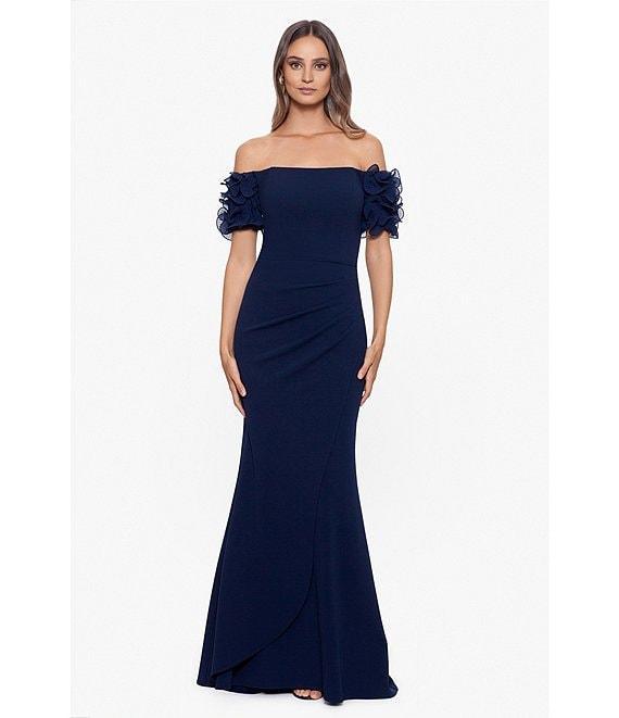 Xscape Rosette Off-the-Shoulder Short Sleeve Ruffle Ruched Waist Gown Product Image