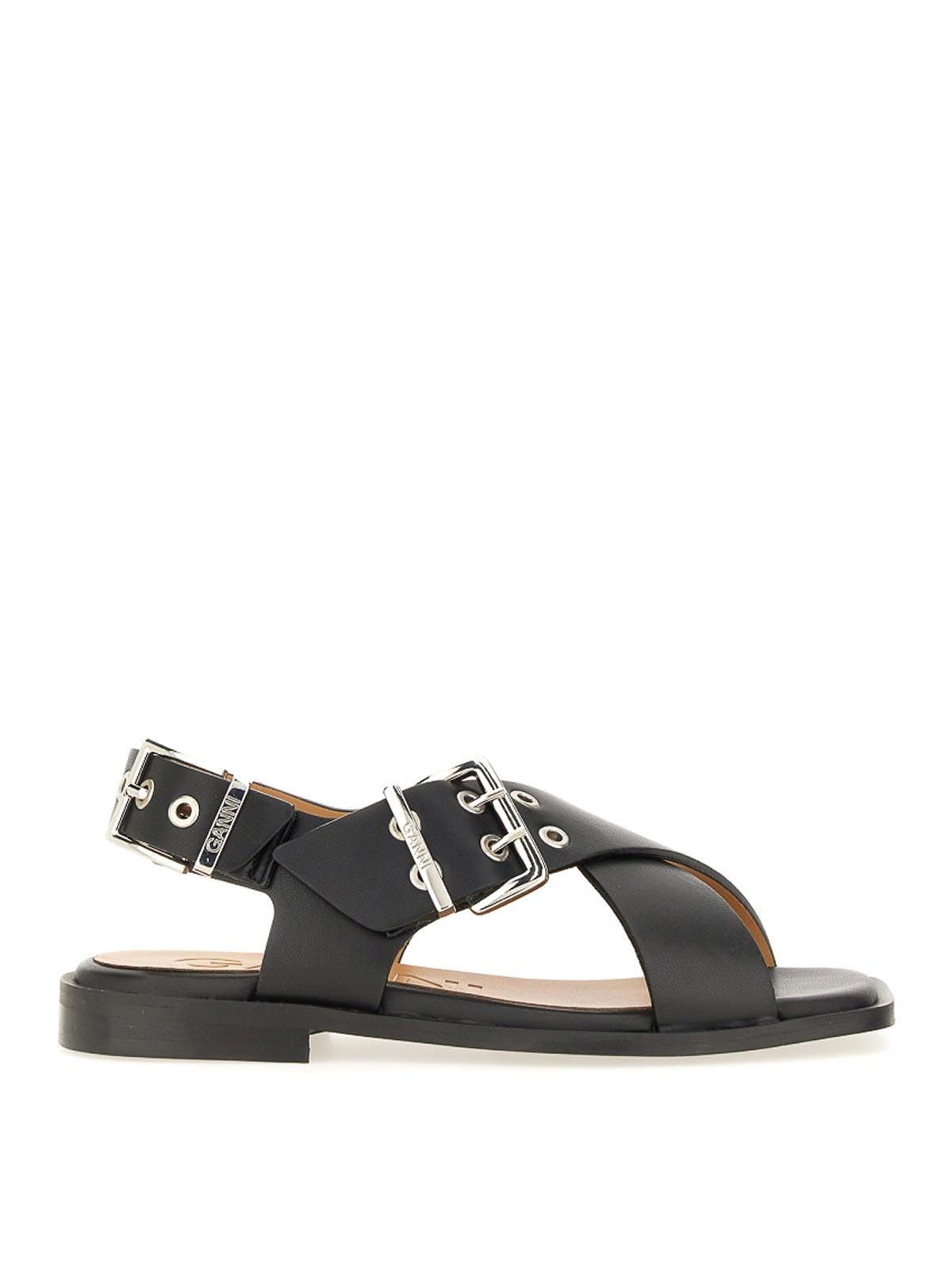 GANNI Black Sandals With Criss Cross Straps In Leather Woman Product Image