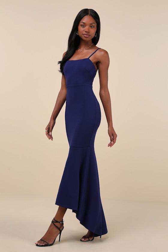 Stunning Enchantment Navy Backless Trumpet Hem Maxi Dress Product Image