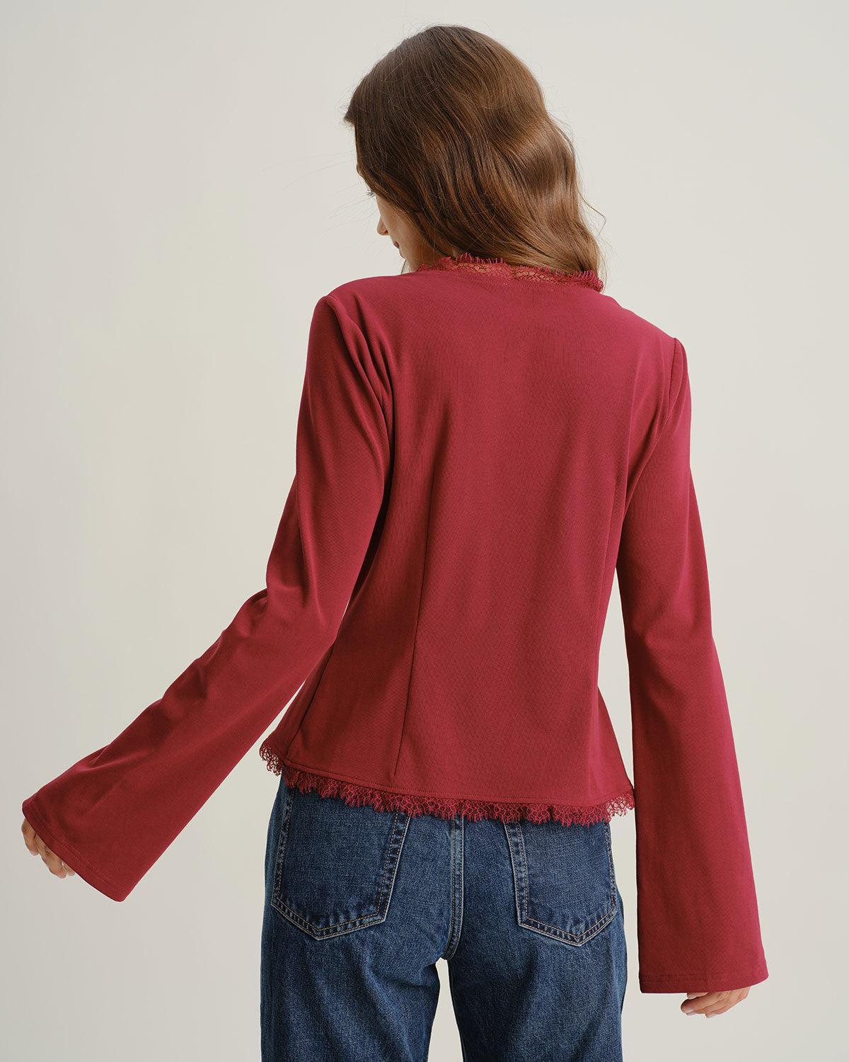 Red V Neck Tie-front Cardigan Product Image