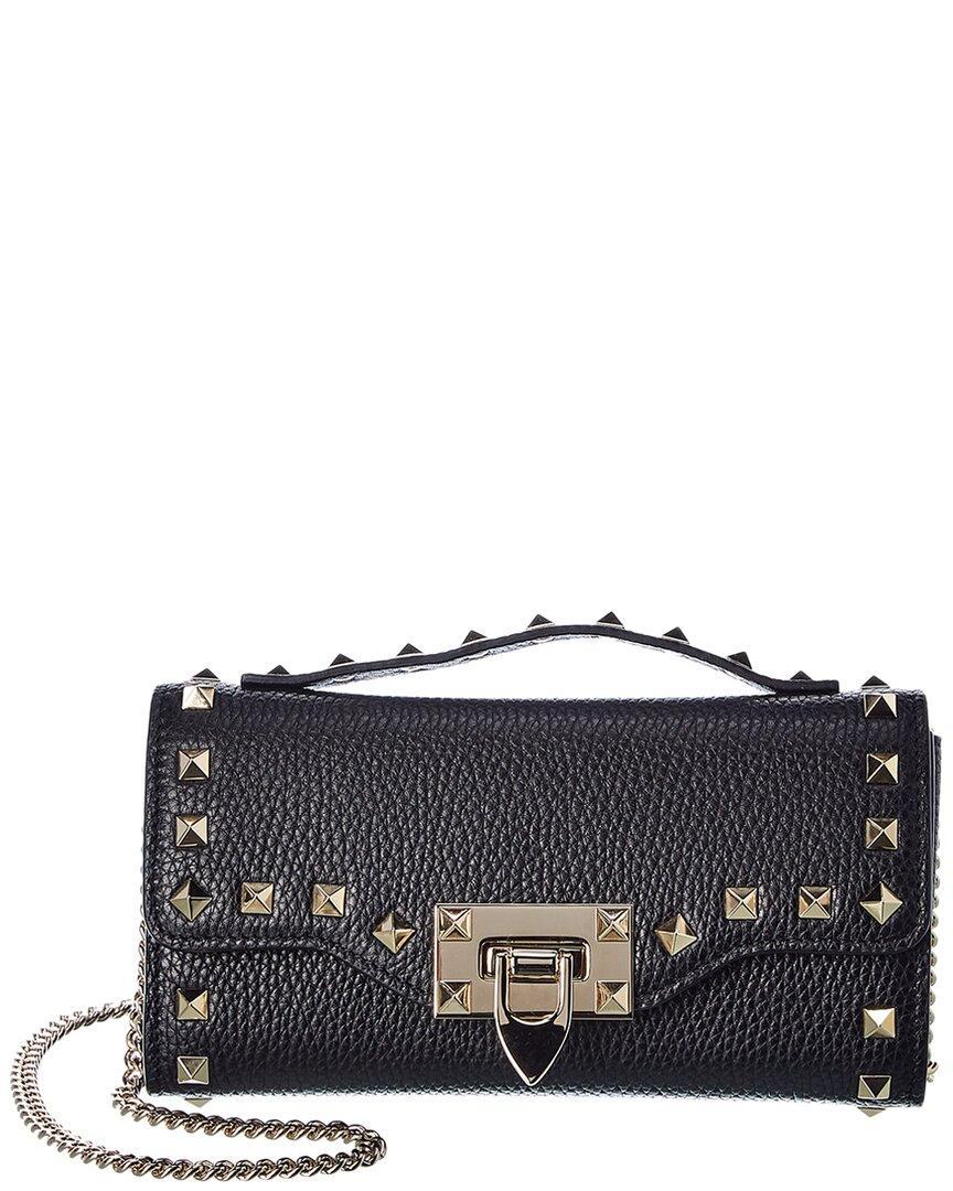 VALENTINO GARAVANI Valentino Rockstud Grainy Leather Wallet On Chain In Black Product Image