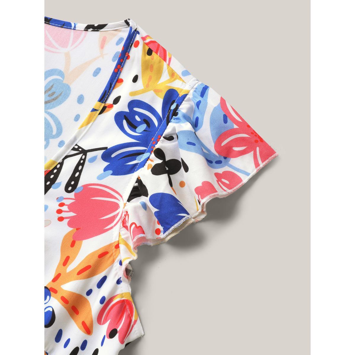 Plus Size Rayon Fun Floral Print Ruffled Sleeve Midi Dress Multicolor Women Square Neck Cap Sleeve Curvy BloomChic 30/6X Product Image