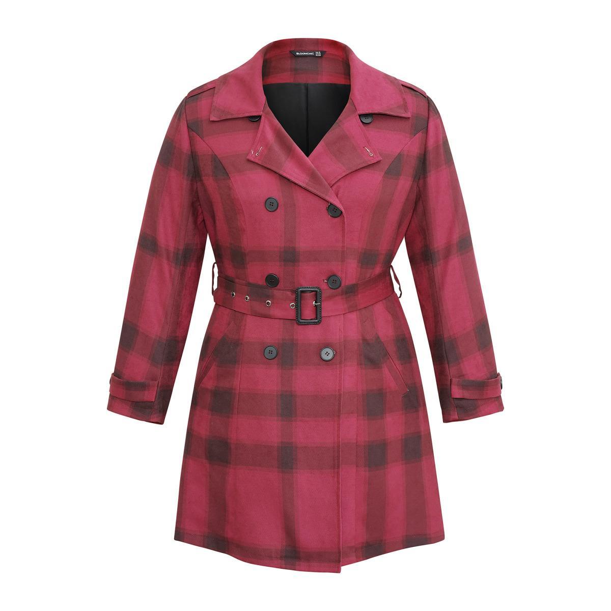 Plus Size Lapel Collar Plaid Belted Double Breasted Coat Women Scarlet Elegant Lined Ladies Dailywear Winter Coats BloomChic 10/M Product Image