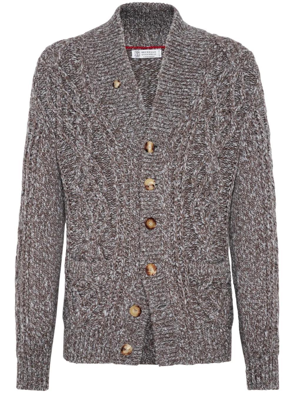 BRUNELLO CUCINELLI Cable-knit Mélange-effect Cardigan In Brown Product Image