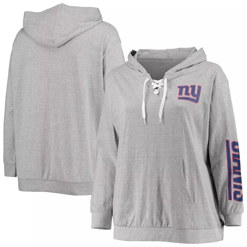 Women's Fanatics Branded Heathered Gray New York Giants Plus Size Lace-Up Pullover Hoodie, Size: 4XL, Grey Product Image