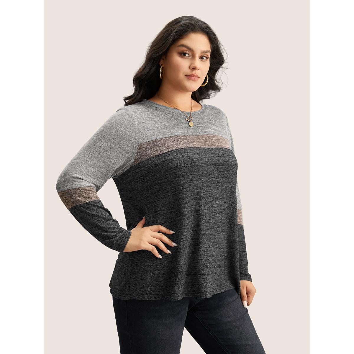 Plus Size Heather Colorblock Contrast Crew Neck T-shirt Gray Women Casual Texture Plain Round Neck Everyday T-shirts BloomChic 22-24/3X Product Image